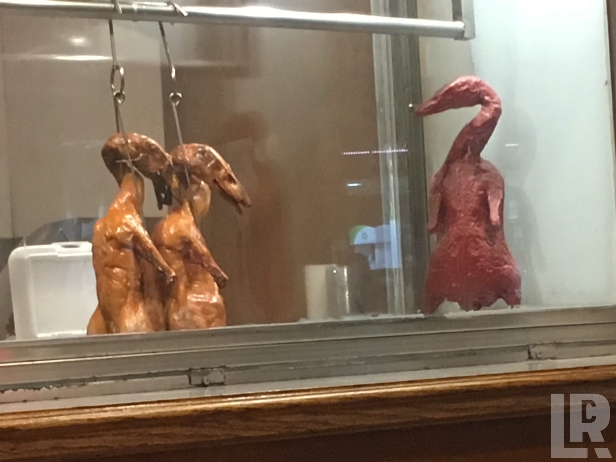 Whole roasted ducks hanging in a restaurant display case