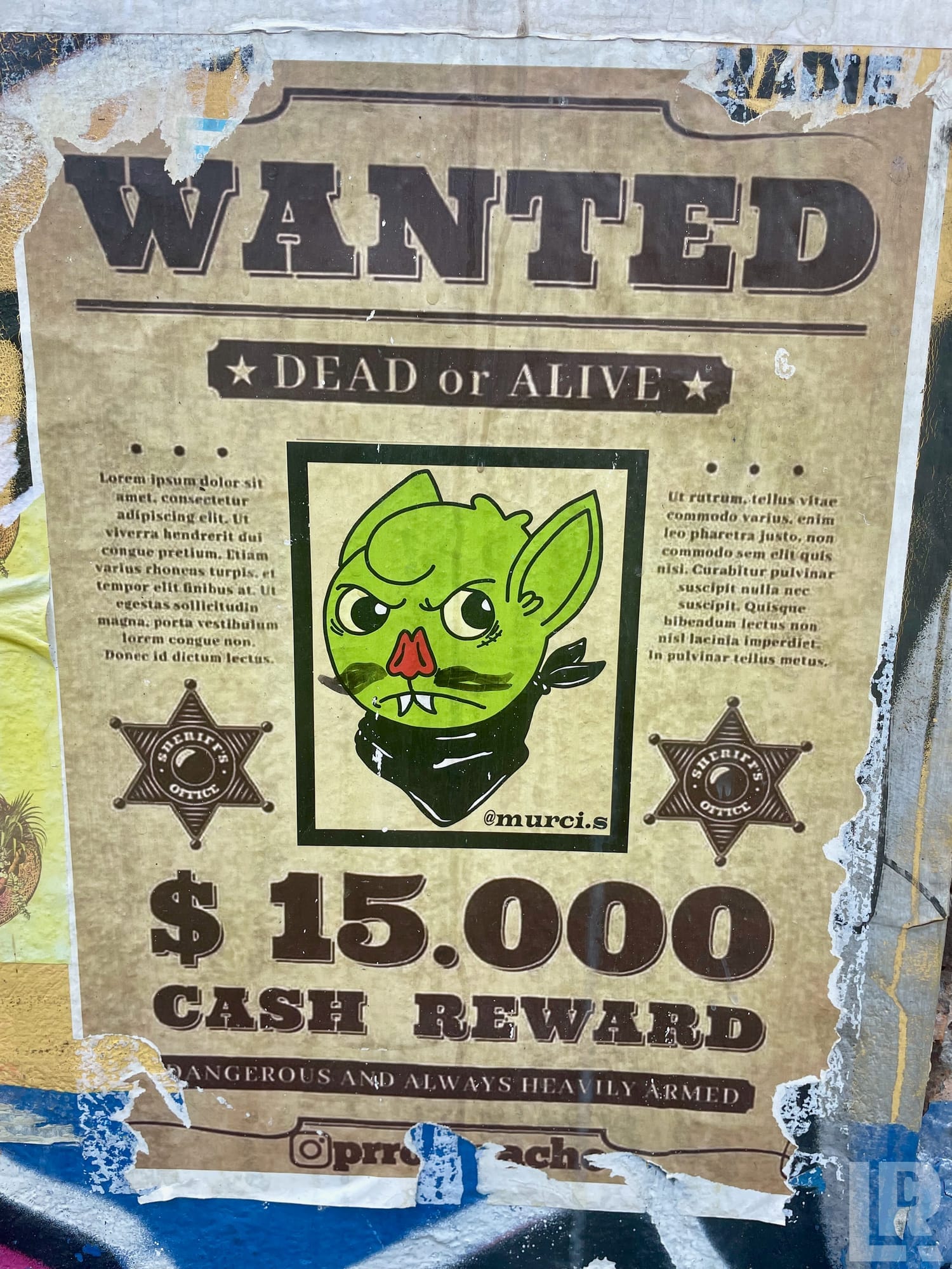Old West wanted poster with cartoon green goblin illustration and $15,000 reward