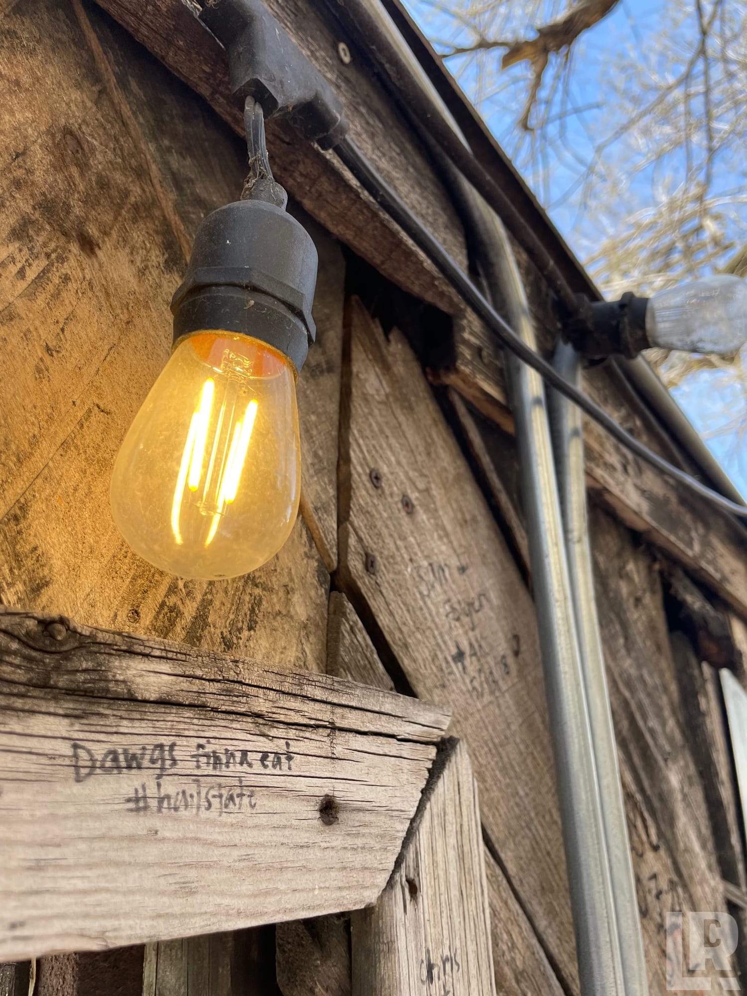Illuminated Edison bulb hanging against a rustic wooden wall with handwritten text