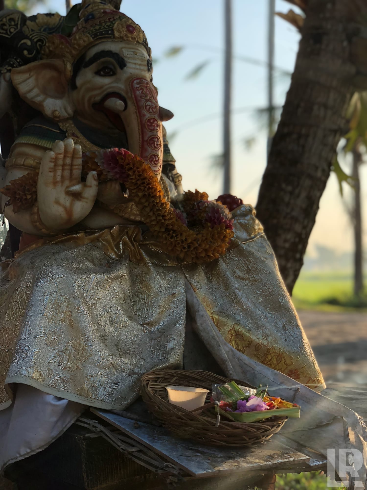 Ganesha statue adorned with marigold garlands and fabric wrap with flower offerings in a basket