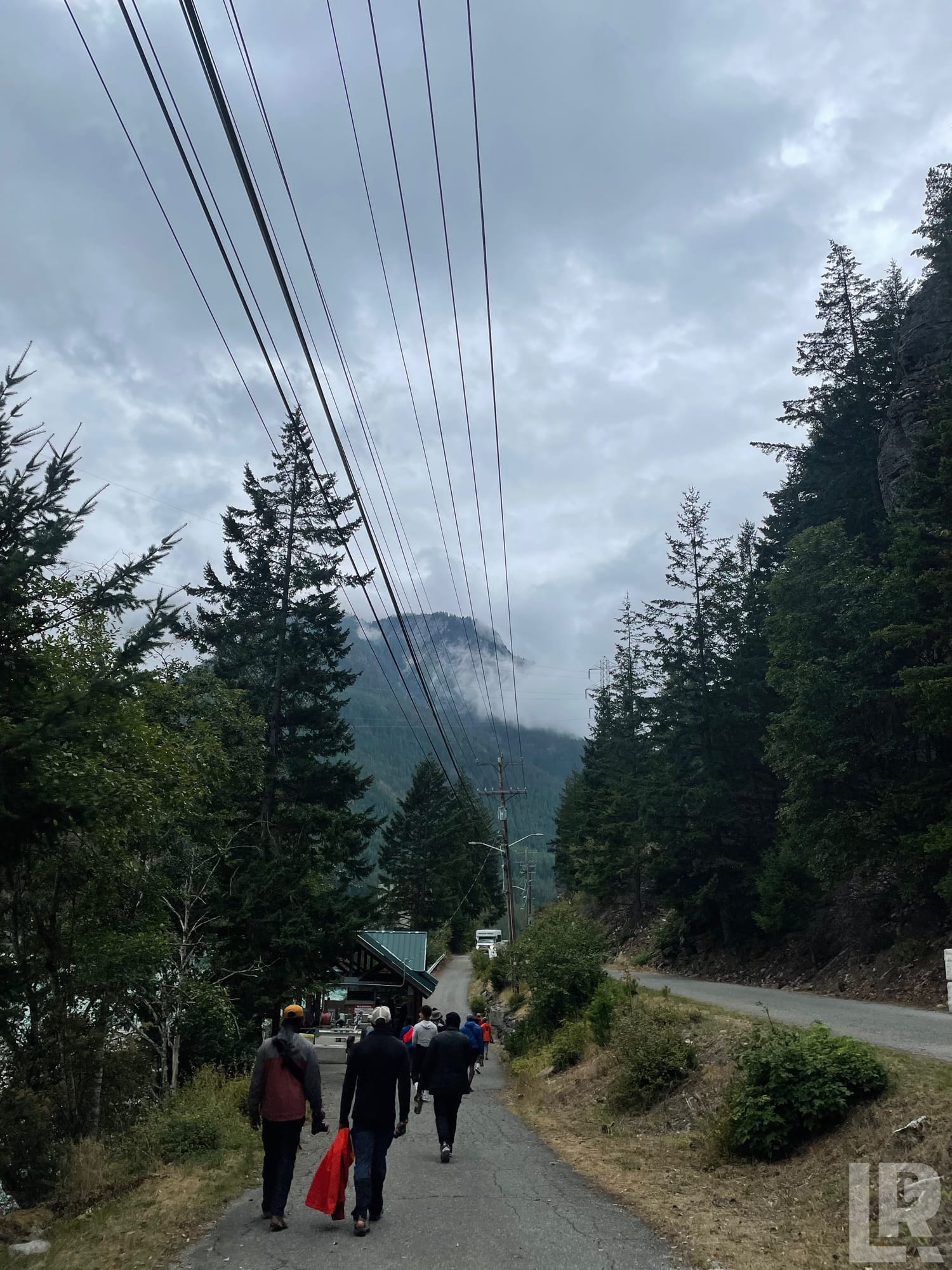People walking down a tree-lined mountain road with power lines above and misty mountains in the background