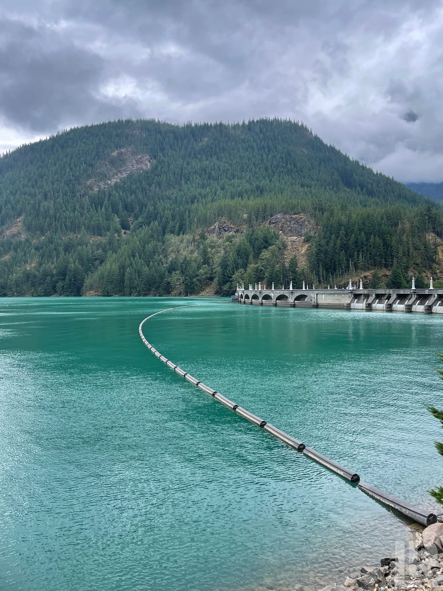 Turquoise lake with a floating boom leading to an arched dam and tree-covered mountain under cloudy skies