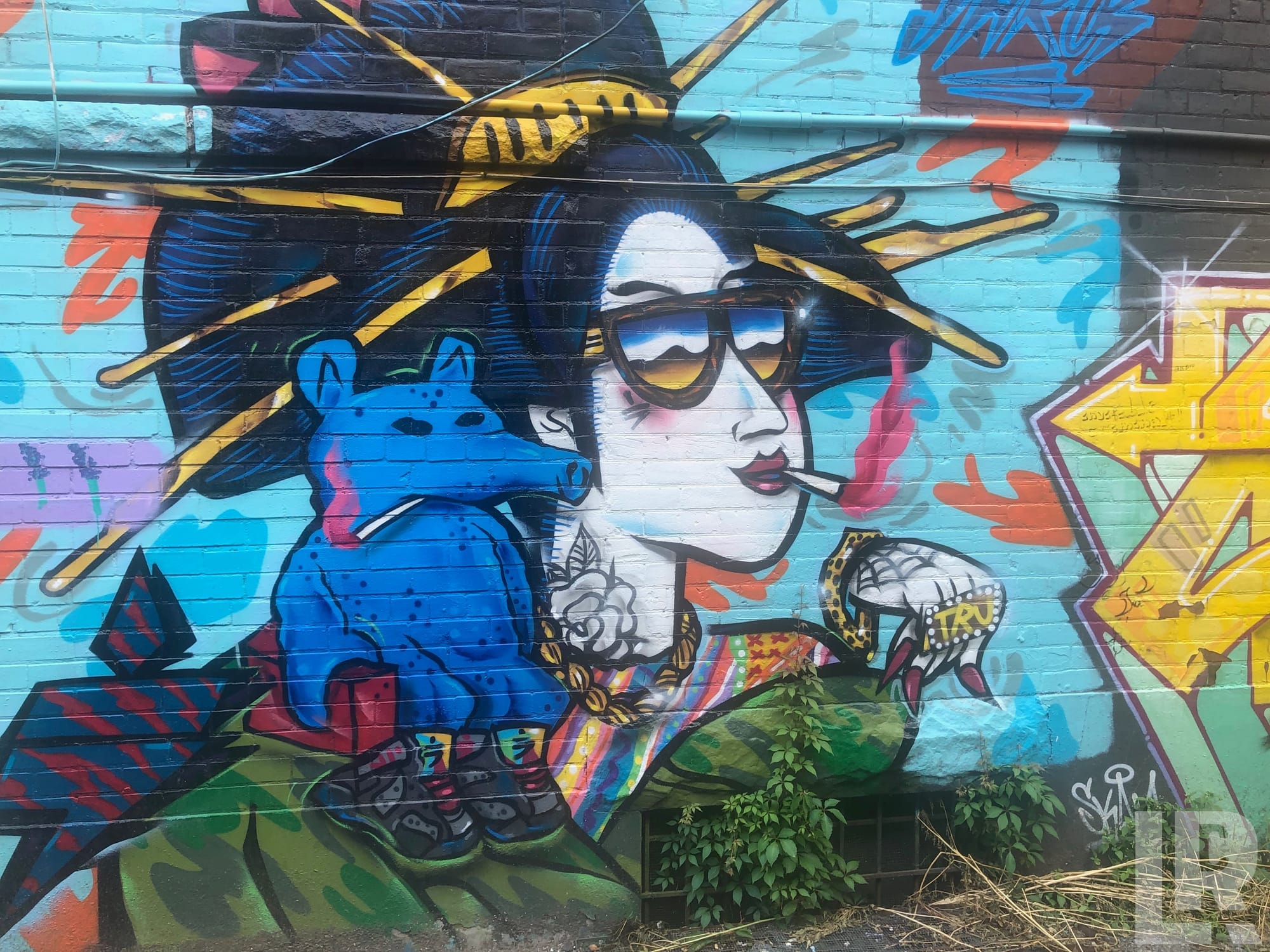 Colorful street art mural of a geisha with sunglasses, a cigarette, and a blue frog on a brick wall
