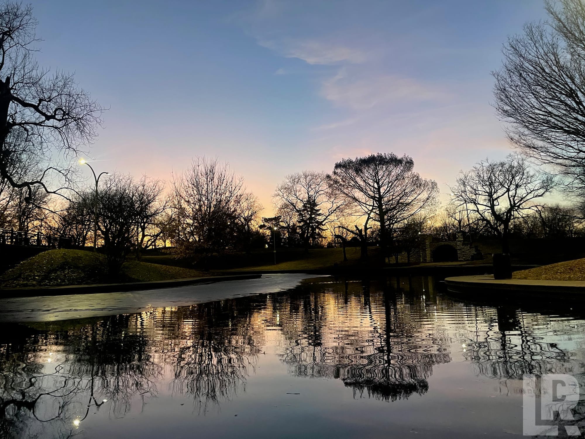 Twilight sky and bare tree silhouettes reflected in a still park pond